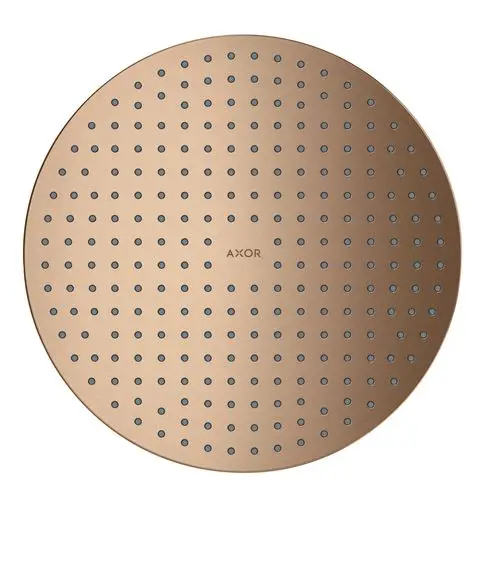 Runde Kopfbrause mit gleichmäßig verteilten Düsen und matter Oberfläche in Brushed Red Gold. Mit AXOR-Logo in der Mitte.